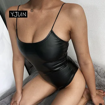 

Spaghetti Strap Black Bodysuit Women Party Clubwear Body Tops Fashion Sleeveless Leather Bodycon Solid Sexy Overalls