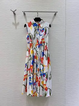 

Dress 2020 Summer Fashion Women Floral Print Turn down Collar Single Breasted Waist Elastic Empire Mid-Calf White Dress