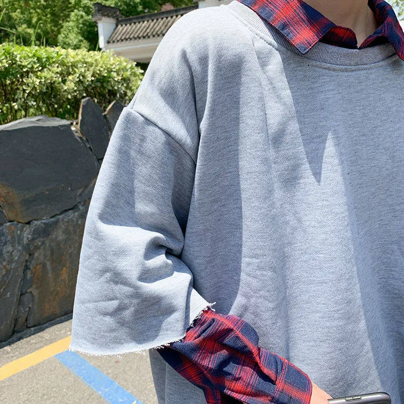 Harajuku клетчатая футболка уличная хип-хоп футболки для мужчин и женщин осенняя футболка забавная свободная футболка с длинными рукавами японская Однотонная футболка