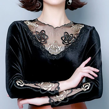 

2019 ladies temperament Perspective top long sleeve gold velour blouse shirt casual plus size elegant blouses tops women blusas