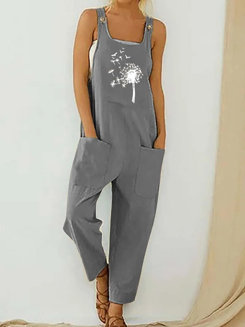 Womens Dungarees Print Rompers 2021 Summer New Ladies Casual Loose Linen Cotton Jumpsuit Sleeveless Pocket Overalls Playsuit