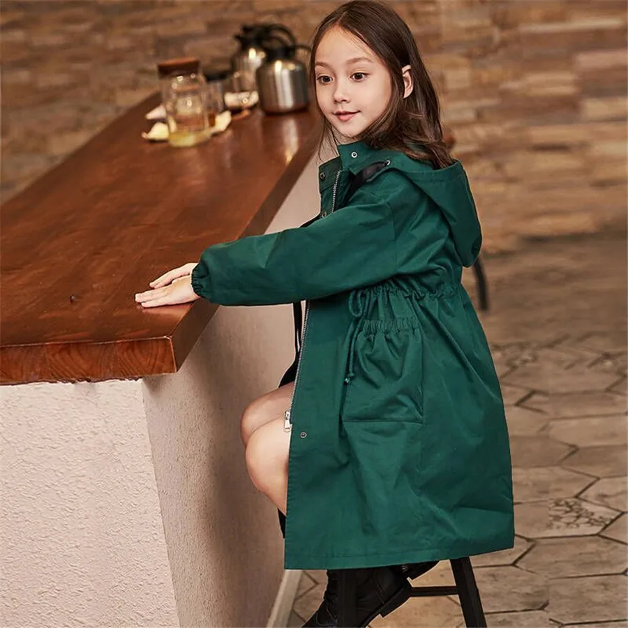 Nieuwe Hooded Lange Jas Meisjes Effen Kleur Windjack Tiener Herfst Casual Kinderen Jas Tiener Kids Meisjes Kleding 6 8 10 12Y