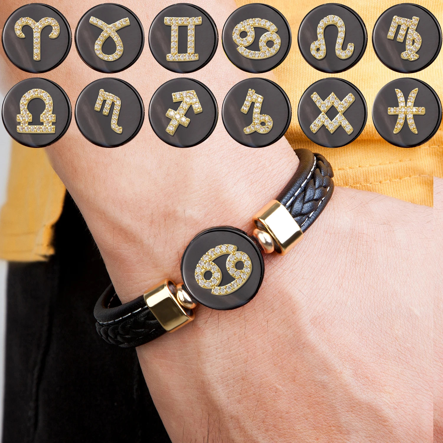 

12 Constellation Bracelets Black Round Natural Stone Zodiac Bracelet Genuine Leather Bangle Cancer Leo Virgo Men Women Jewelry