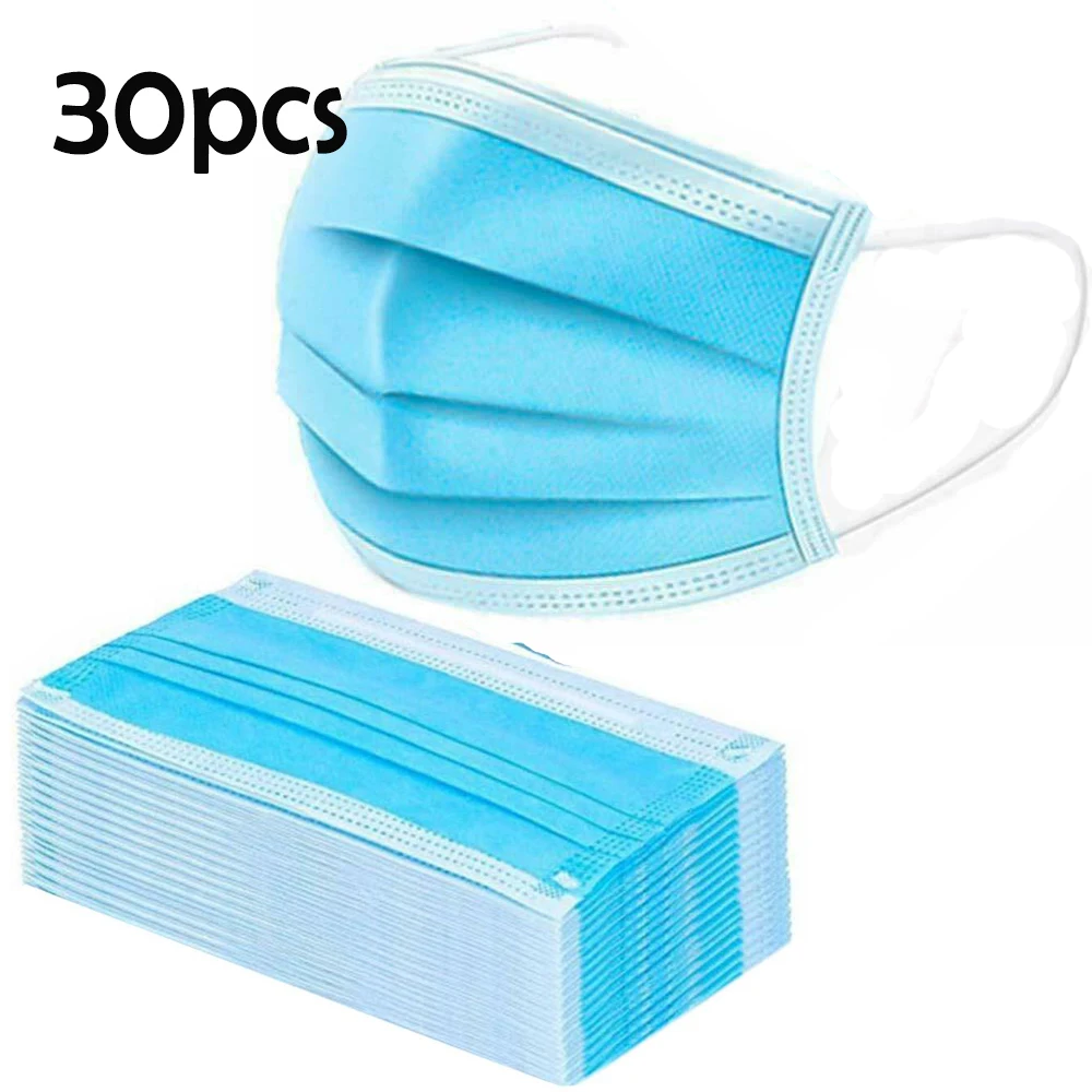 

30pcs 3 Layers Disposable Masks Anti Flu Pollution Masks Protect Masks Filter Dustproof Earloop Non Woven Adult Mask