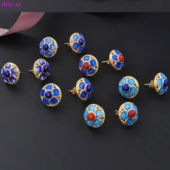

BOCAI S925 pure silver Cloisonne Earrings national style lapis lazuli South Red Earrings women's Handmade enamel stud earrings