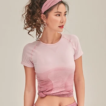 

2020 women gym yoga crop tops short sleeve gradient tops tanks fitness running sportswear training wicking sports t-shirts