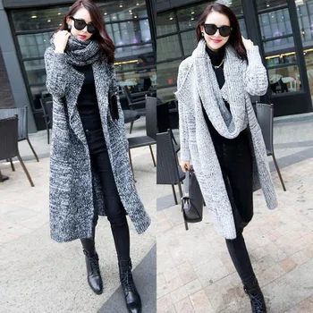 

Winter Jacket Fashion Womens knitting Sweater Bib Shawl Clothing Long Sleeve Outwear Long Coats Women Clothes abrigos de mujer