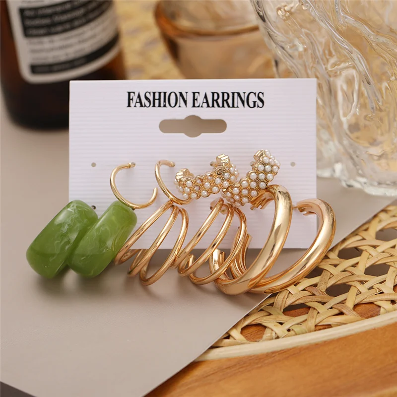 Bohemian Fashion Acrylic Leopard Round Circle Hoop Earrings Set For Women Gold Color Butterfly Pearls Drop Earrings Set Jewelry