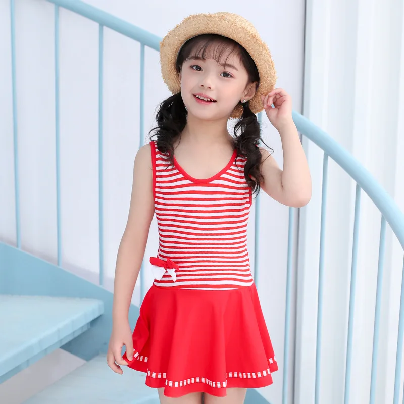 

2019 New Style KID'S Swimwear Stripes Split Type Pleated Backless Playful Bow Swimming Suit