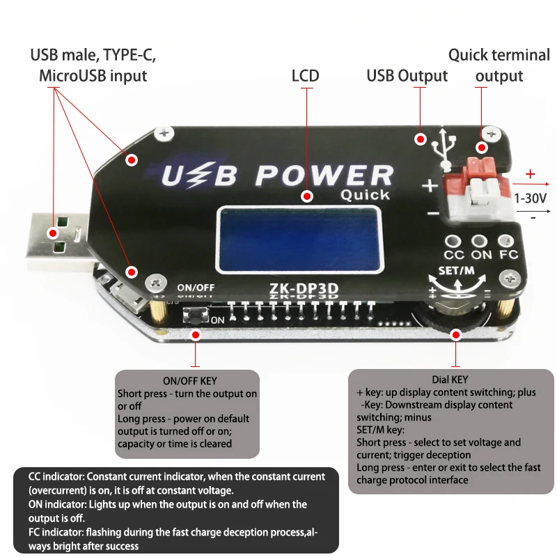 ZK-DP3D с ЧПУ USB TYEPE-C DC преобразователь CC CV 1-30V 2A 15W модуль питания регулируемый Регулируемый источник питания QC2.0 3,0 AFC