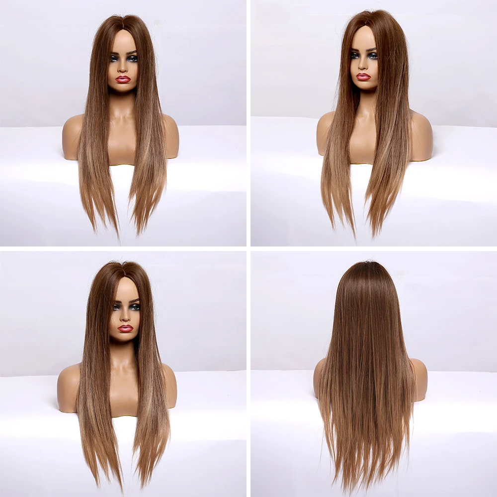 Long Straight Brown Ombre Natural Hair Wigs Middle Part Heat Resistant Synthetic Wigs for Afro Women Daily Cosplay Fashion Wigs