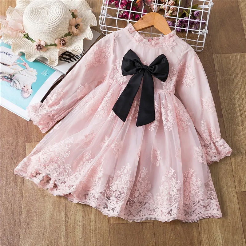 

Elegant Dress for Girls Princess Dress 2021 Long Sleeve Knitting Spring/Autumn With Pocket Girls Birthday Kids Pink Party Gown