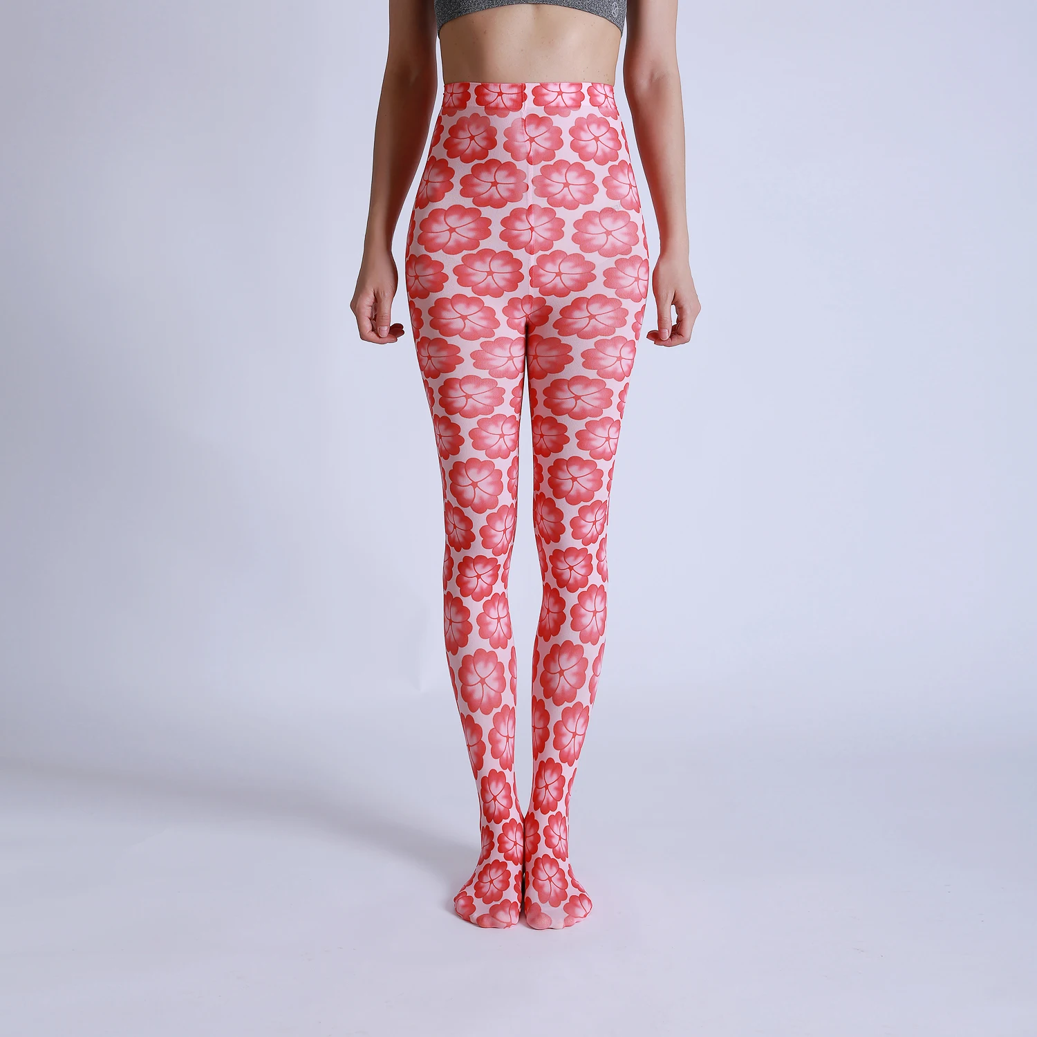 Luxury Fashion Big Flower Digital Printed Tights High Quality Flexible Womens Grid Patterned Pantyhose New Designs Stockings