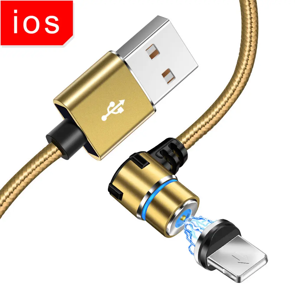 KSTUCNE Micro USB Магнитный кабель зарядное устройство 90 градусов быстрая зарядка кабель type C для iPhone 7 X S Max huawei P20 samsung USBC провод - Цвет: Gold ISO