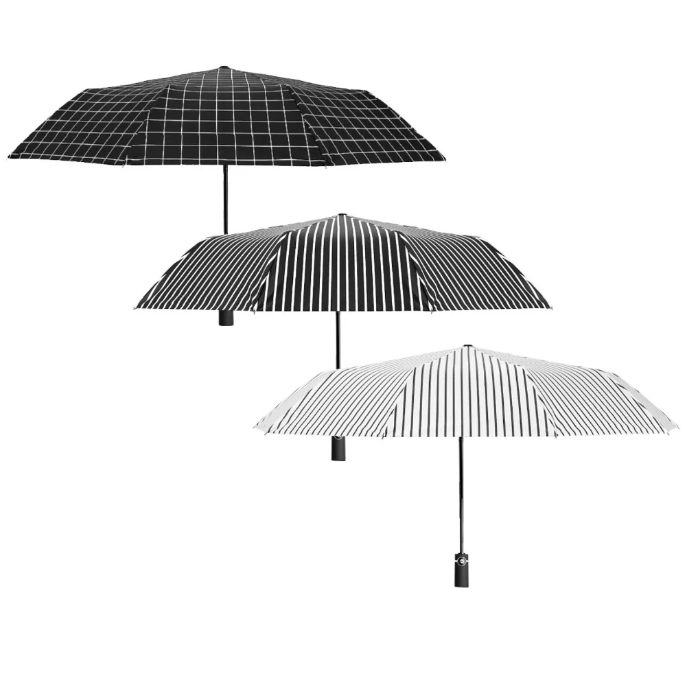 Durable Plaid Stripe 10 Rib 3-Fold Automatic Folding Anti-UV Windproof Sun Rain Umbrella