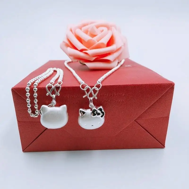Hello Kitty Prata Esterlina Redonda Grânulo Colar Clavícula Corrente Pingente 925 5 colar clavícula corrente pingente