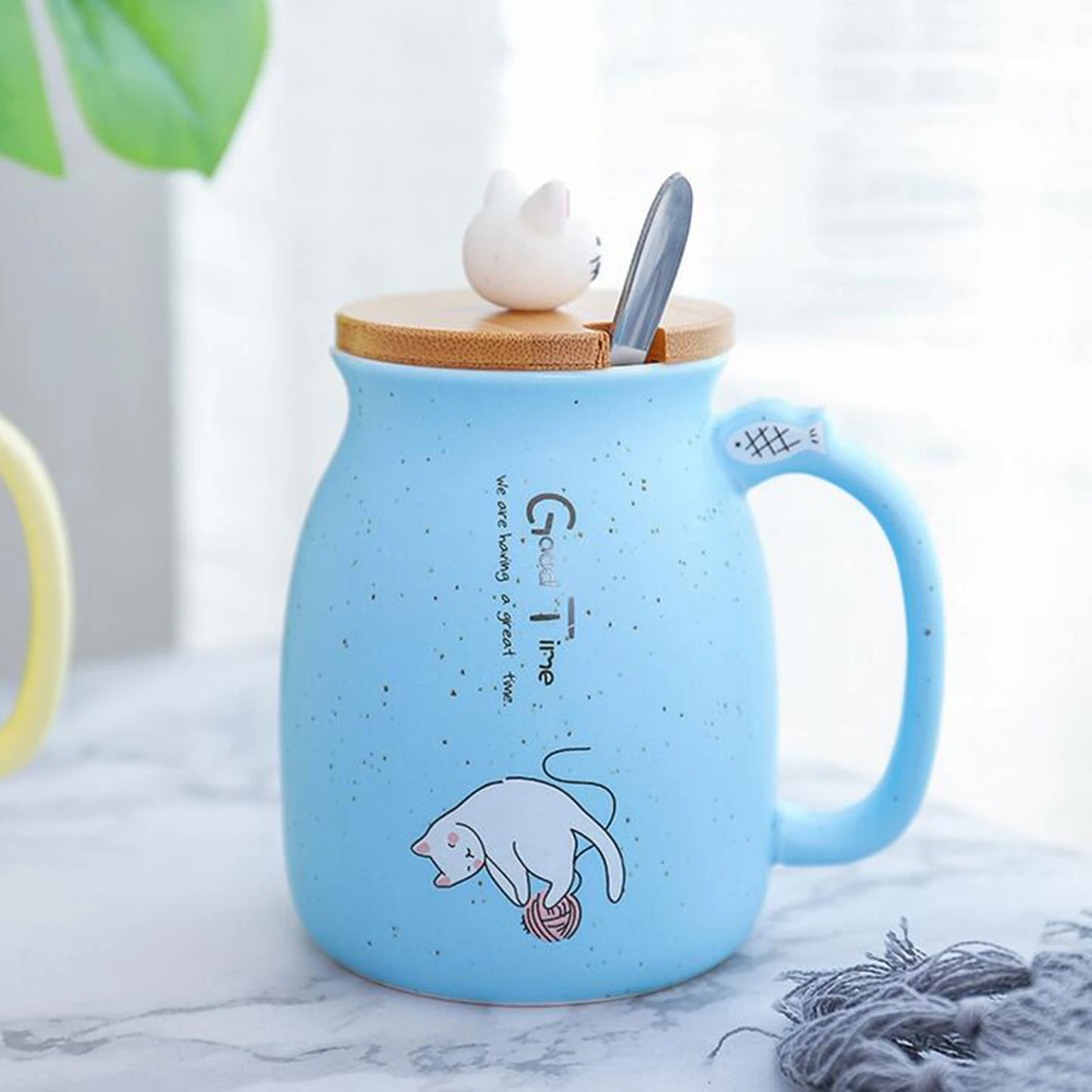 Cute Cat Ceramic Cup Hot Cold Tea Cup Milk Coffee Mug with Spoon Lid Pink