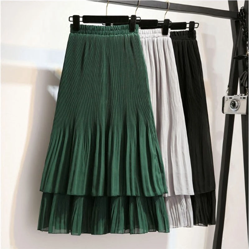 Эластичная талия амулет гофрированные двойные юбки плиссированная юбка дикая шифоновая юбка PT109