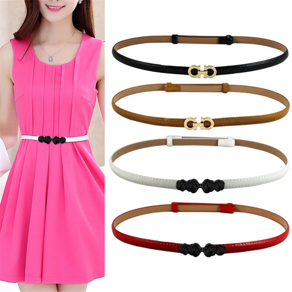 Women PU Leather Skinny Belt for Dress Adjustable Thin Waist Belt for