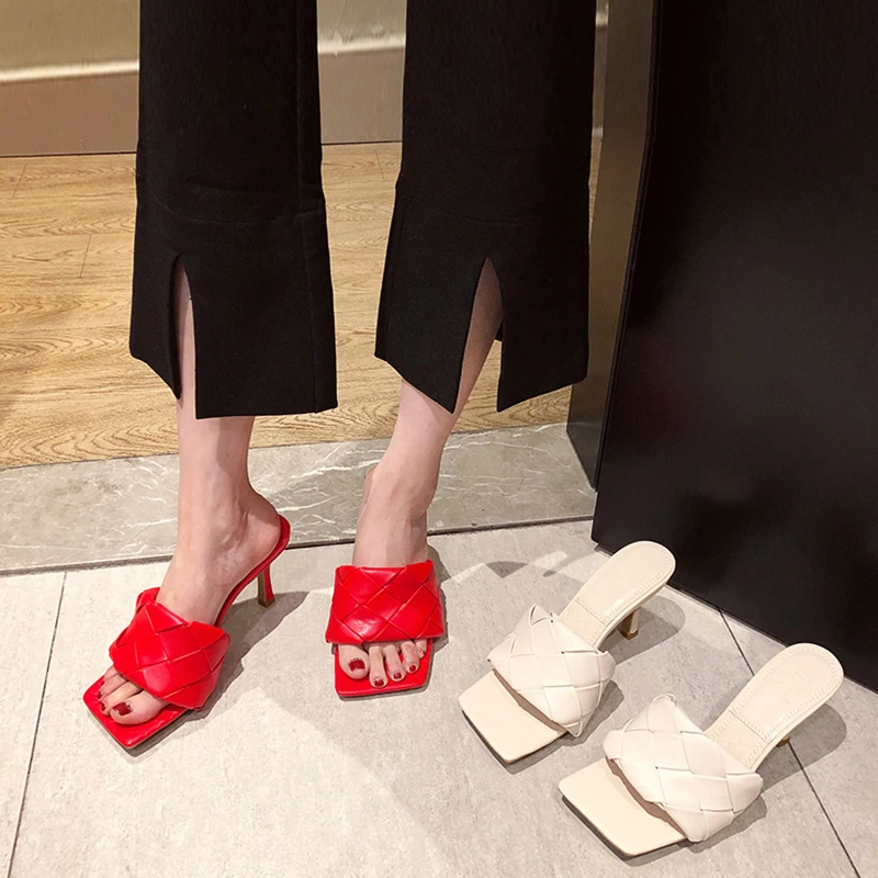 

Women Slippers Square Toe Weave High Heels Shoes Leather Luxury Designer Ladies Street Beach Sandals Slides Shoes Spike Heels