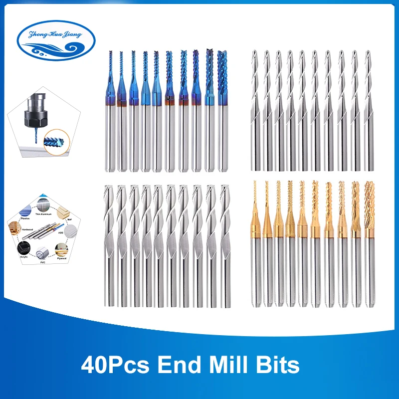 40pcs End Mill Bits Set 3.175mm 1/8" Shank Cnc Router Bits Pcb Cutting