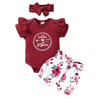 

3Pcs Newborn Baby Girl Clothes Set litter sister Short sleeve Romper Flower Shorts Headband Summer Outfit Infant Clothing