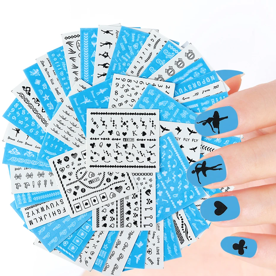 48 шт Черная Звезда Сердце наклейки для ногтей наборы смешанных букв переводные наклейки для ногтей декор для маникюра CHB121-144