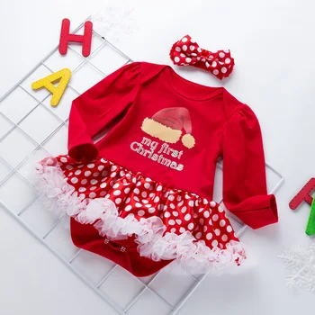 

My First Christmas Newborn Infant Baby Girl Romper Red New Year Clothes Long Sleeve Lace Ruffle Jumpsuit Xmas Costumes