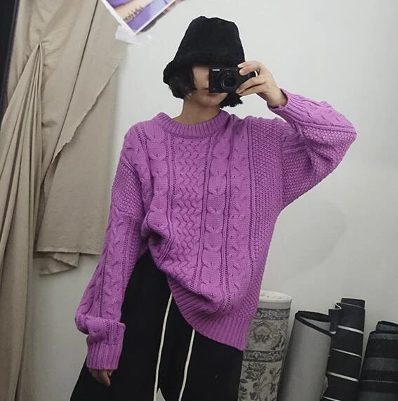 Lazy oaf Круглый вырез свободные фиолетовые витые вязаные свитера для женщин осень зима пуловер Трикотаж Джемперы Джерси mujer Повседневная