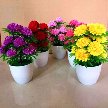 

Artificial Flower Bonsai For Wedding Party Faux Potted Plant With White Pot Home Decoration Vivid Chrysanthemum