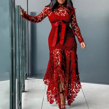 

Elegant Vintage Party Sexy Black Big Size Women Long Dresses Hollow Lace Mesh Beach Mermaid Red African Fashion Evening Dresses