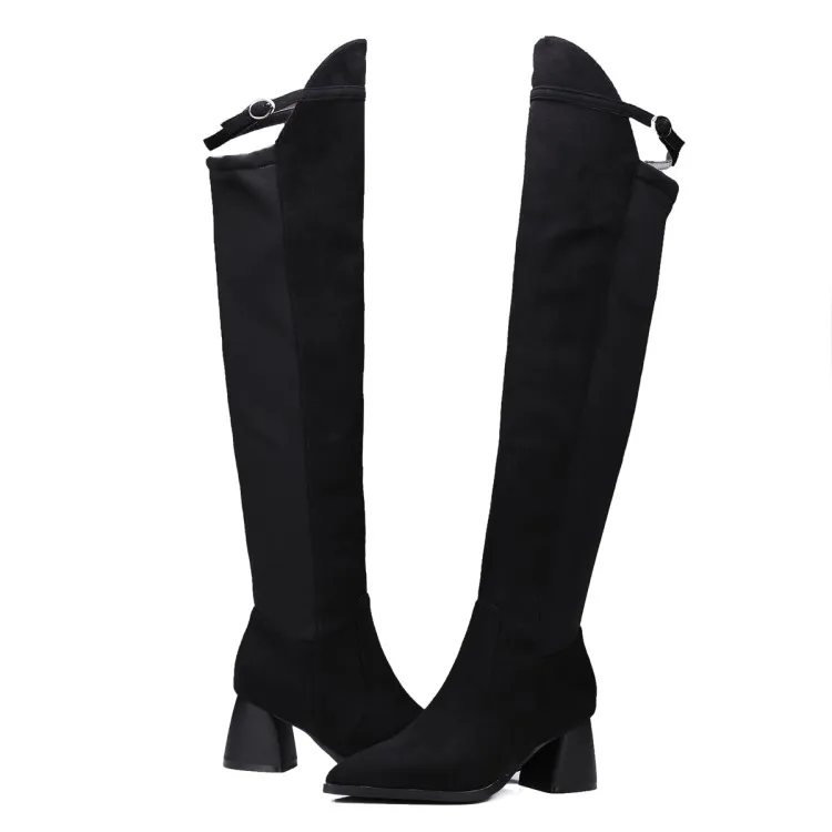 Высокие сапоги до бедра женские новые зимние модные заостренные квадратные Сапоги выше колена на среднем каблуке Женская обувь больших размеров 32-48 черного цвета