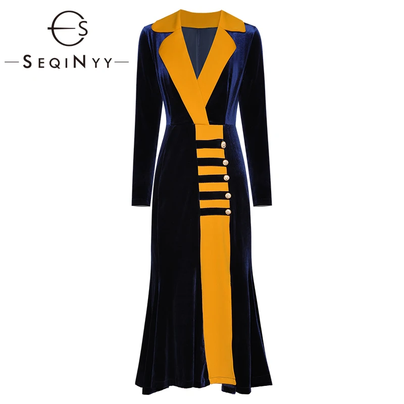 

SEQINYY Velvet Dress 2020 Autumn Winter New Fashion Design Women Long Sleeve High Quality Buttons Midi Dress