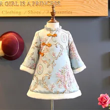 Детское платье Чонсам в китайском стиле с длинными рукавами для девочек; Новогоднее платье с цветочной вышивкой; теплое зимнее платье Ципао для девочек