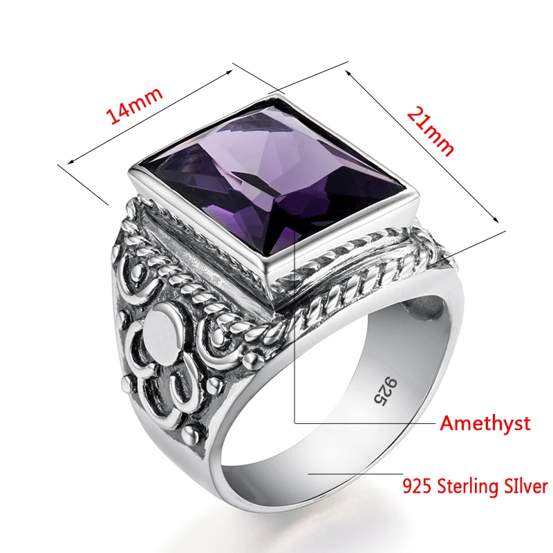 925 Sterling Silver Heavy Signet Rings Men&rsquo;s Massive Amethyst 12*16mm Stone Party Male Vintage Jewelry Gift For Husband silver ring silver rings