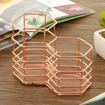 

Makeup Brush Holder Hexagon Vase Metal Mesh Basket Desk Organizer Pen Holder Gold Rose Wire Golden Pen Pencil Hot Hollow Holder