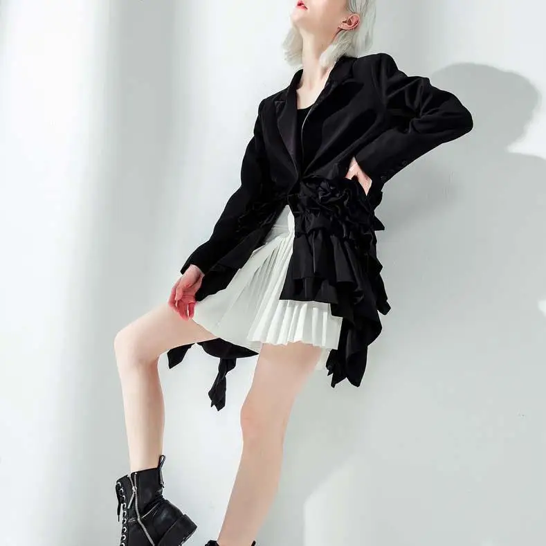 Fashion Irregular Ruffled Long-Sleeved Women Suit Jacket Notched Solid Color Cotton Wild Casual Ladies Coat