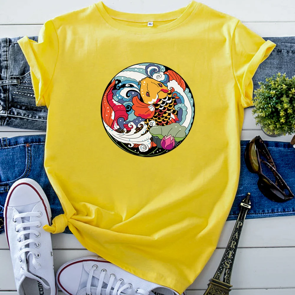 Women T Shirt Cartoon Carp Spit Water Lotus Printing Woman Tshirts Goth Vintage Clothing Oversized Korean T Shirts For Women