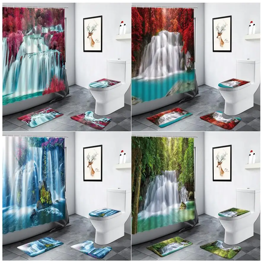 

Forest Waterfall Landscape Shower Curtain Red Maple Leaves Green Plants Trees Scenery Bath Mat Toilet Lid Rug Bathroom Decor Set