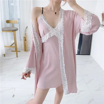 

Lace Long Sleeve Nightwear Kimono Bathrobe Gown Negligee Cotton Women Sleep Set Sexy Home Clothing 2pcs Sleepwear Lingerie