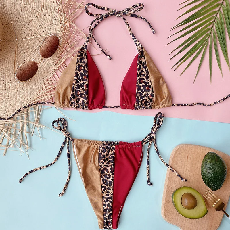 INGAGA Leopard Bikinis Swimsuits Patchwork Swimwear Women Thong Bathing Suits Halter Biquini Sexy Bow Beachwear 2020 Bikini Set