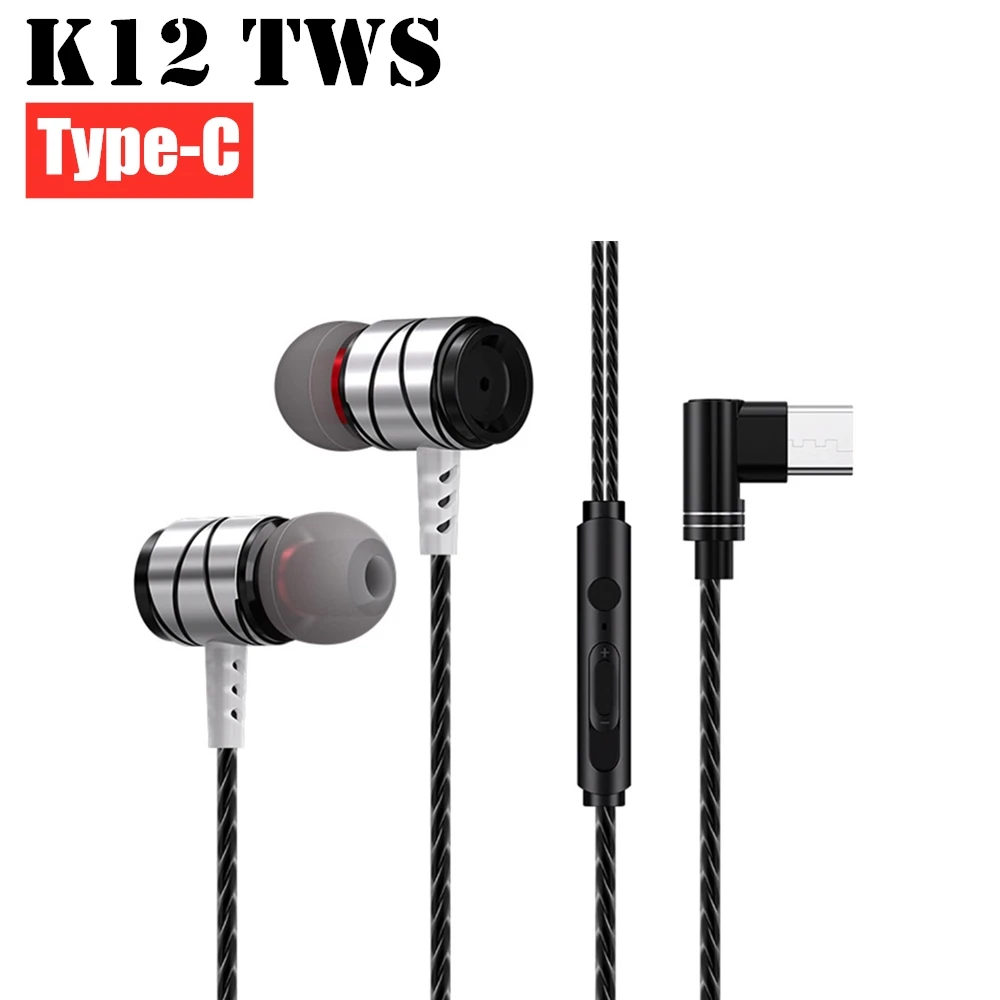 Проводные наушники типа C K12 TWS USB Спортивная гарнитура с микрофоном мини для iPhone
