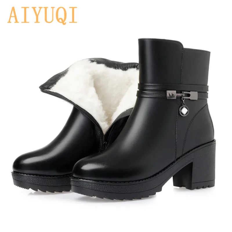 

AIYUQI Winter Boots Women 2019 New Ladies Boots Genuine Leather Platform High Heel Natural Wool Warm Snow Boots Women Big Size