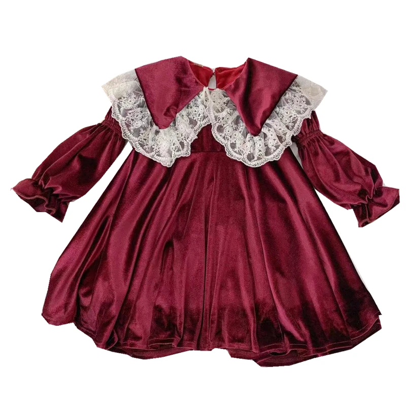 Winter Toddler Girls Dress Korean Princess Costume New Fashion Lace Turn Down Collar Plus Velvet Party Dress 1-7Yrs Kids Clothes