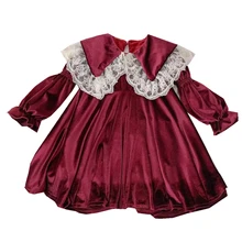 Winter Toddler Girls Dress Korean Princess Costume New Fashion Lace Turn Down Collar Plus Velvet Party Dress 1-7Yrs Kids Clothes