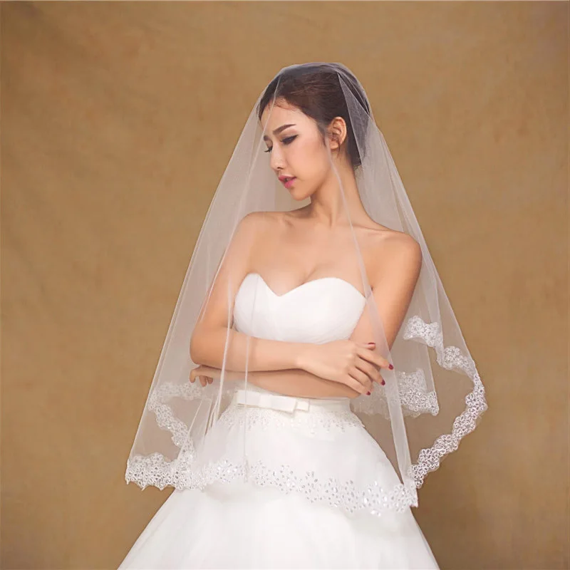 

White/Ivory Wedding Vail 1.5M Short Veil Wedding For Women Bridal One-layer Appliqued Voile Mariee Wedding Accesorios Boda
