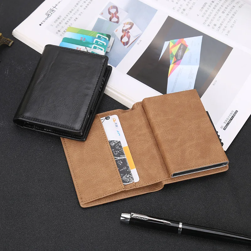 

Automatic Elastic-Card Bank Card Package Purse Card Holder Aluminum Alloy Europe Textured Pu Metal Aluminum Case RFID Wallet