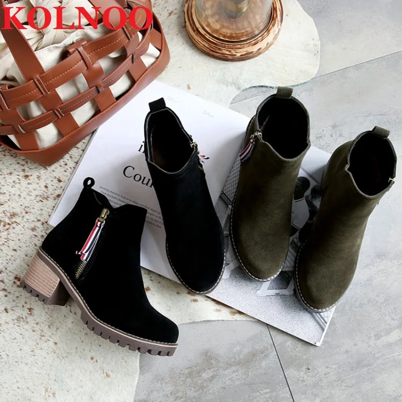 

Kolnoo Handmade New Ladies Chunky Heels Ankle Boots Short Plush Two Colors Dress Boots Daily Wear Fashion Winter Shoes MLL18-49