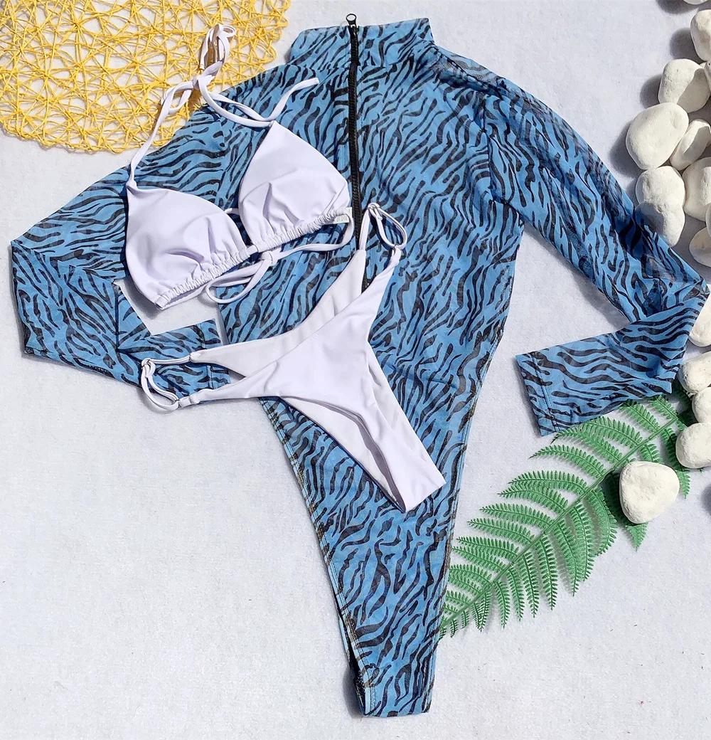 3p blue cover bikini 3 шт., купальник, женский, с высокой посадкой, комплект бикини, бразильский, с длинным рукавом, монокини, женский, монокини, стринги, Цельный купальник, купальный костюм - Цвет: 3p blue cover bikini
