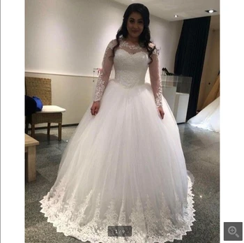 

2020 new designer white tulle ball gown wedding dress lace appliques long sleeve modest wedding gowns bride dresses best selling